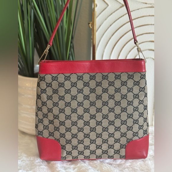 Gucci GG Canvas Red Leather Trimmed Shoulder Bag/ Tote - Picture 1 of 10